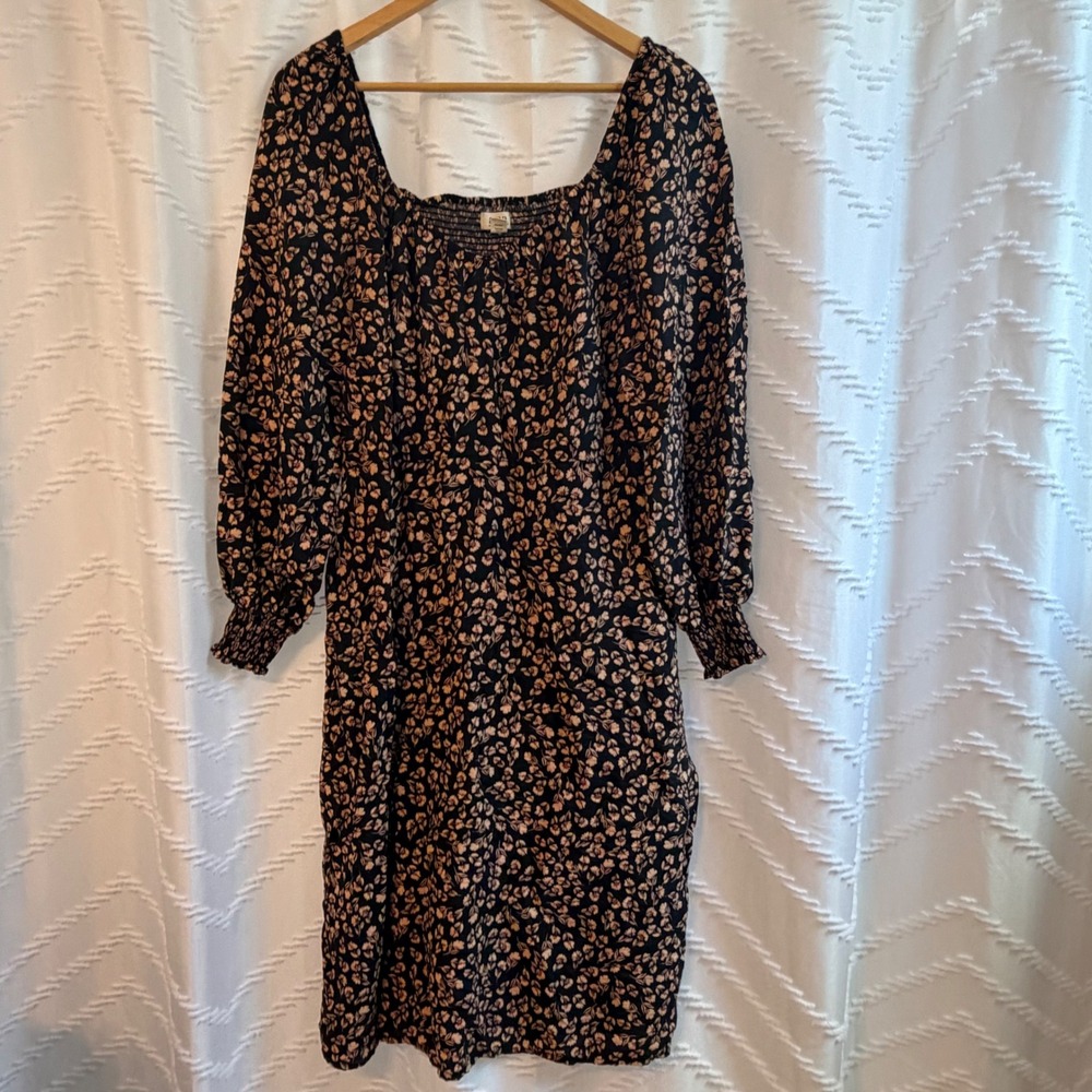 ana A New Approach Women Black Floral Square Neck Smocked Midi Dress Large